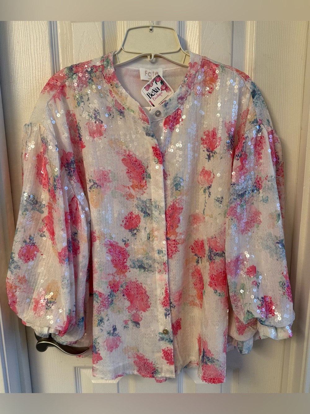 NWT, floral blouse with clear sequins, medium